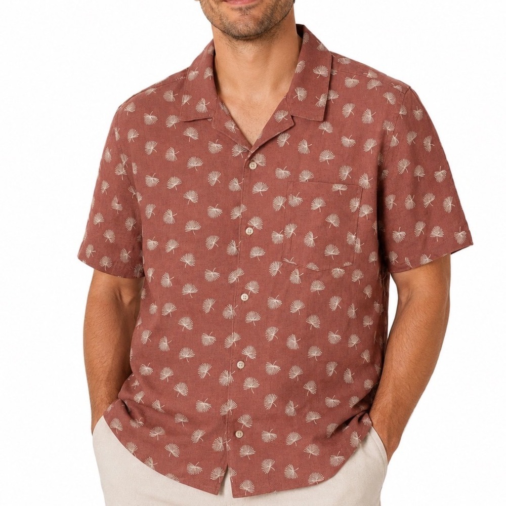 Mutual Weave Mens Large Linen‎ Blend Embroidered Palm Leaf Camp Shirt Terracotta